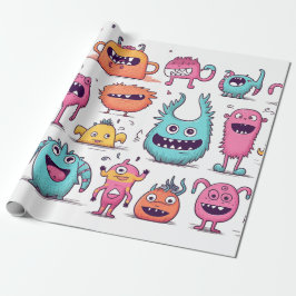 白いフレンドリーカラフルモンスターが多い ラッピングペーパー