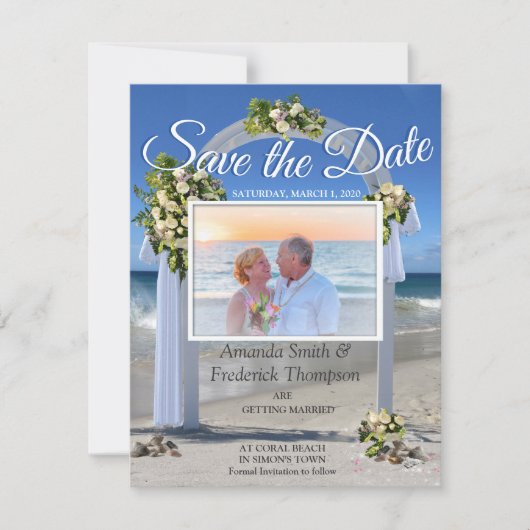 白いフロリブンダビーチ結婚式のバラ 招待状 (正面)