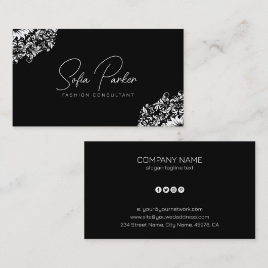 白いフローラが黒に渦巻く 名刺 (正面/裏面)