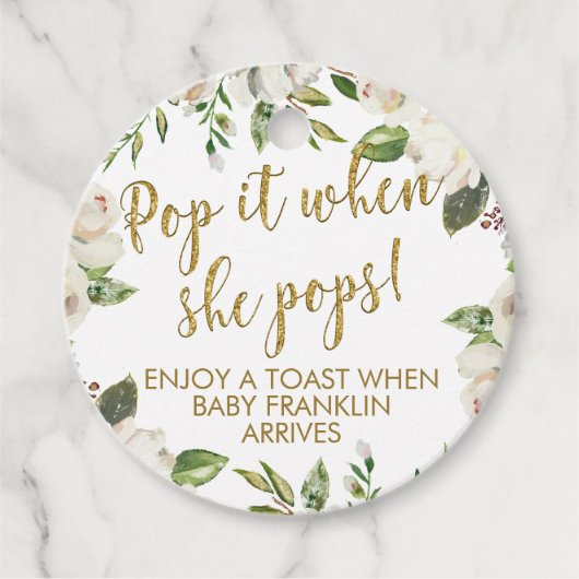 白いフローラと金ゴールドポップ・アートの彼女のポップ フェイバータグ (正面)