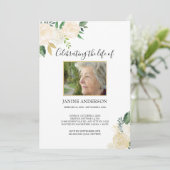 白いフローラと金ゴールドライフお祝い写真 招待状 (スタンド正面)