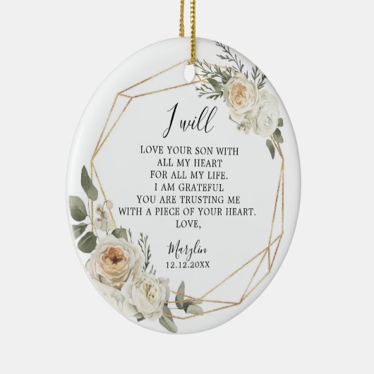 白いフローラの幾何学的な母の新郎ギフトCe セラミックオーナメント (右)
