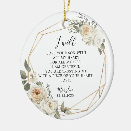 白いフローラの幾何学的な母の新郎ギフトCe セラミックオーナメント (左)