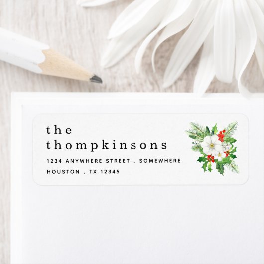 白いフローラの葉名差出人住所クリスマス ラベル (インサイチュ)