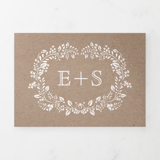 白いフローラフレームとイニシャル結婚の 三つ折り招待状 (カバー)