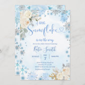 白いフローラブルーの雪の結晶が赤ちゃんシャワーの途中 招待状 (正面/裏面)