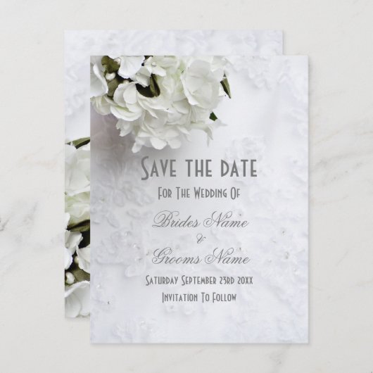 白いフローラブーケ結婚式の日付を保存 案内ポストカード (正面/裏面)