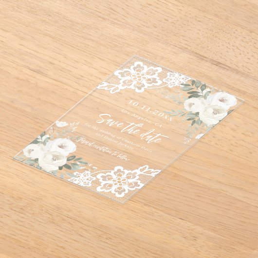 白いフローラレース結婚式の日付カードを保存 アクリル招待状 (レイダウン)