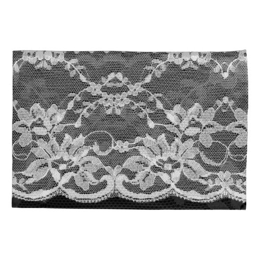 白いフローラレース:黒い背景。 枕カバー (裏面)