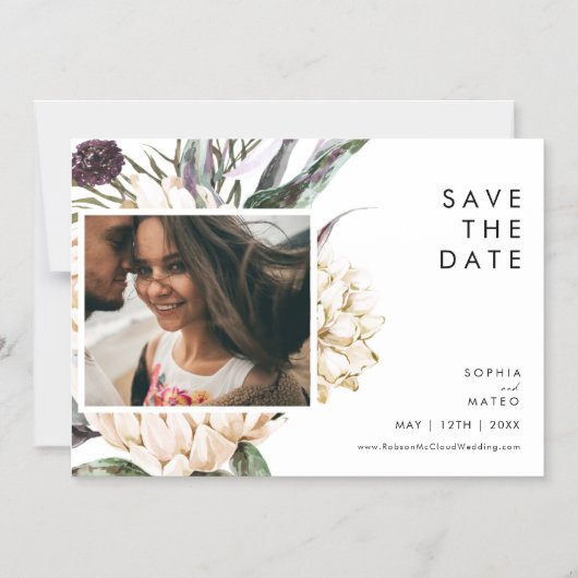 白いフローラ横保存日付 マグネット招待状 (正面)