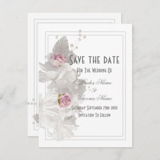 白いフローラ結婚式の日付を保存 案内ポストカード (正面/裏面)