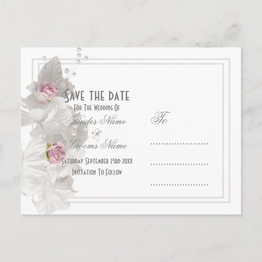 白いフローラ結婚式の日付を保存 案内ポストカード (裏面)