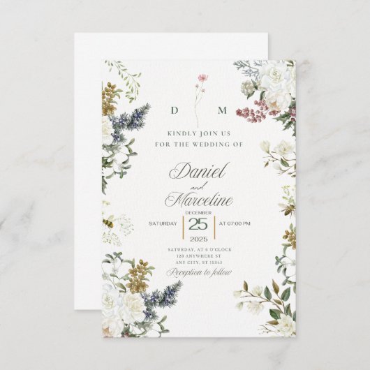 白いフローラ結婚式招待状 – 日付の保存 出欠カード (正面/裏面)