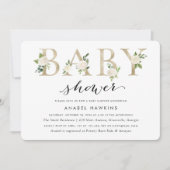 白いフローラ緑金箔のベビーシャワー 招待状 (正面)