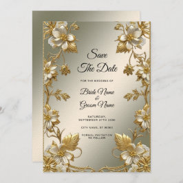 白いフローラ華美金ゴールド日付の保存 セーブザデート