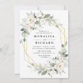 白いフローラ金ゴールド結婚フレーム 招待状 (正面)