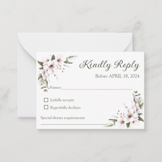 白いフローラRSVPカード、返信カード ノートカード (正面)