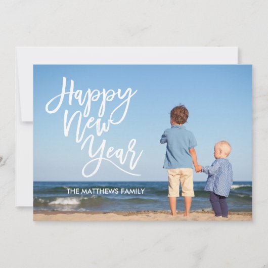 白いブラシのスクリプトHappy New Year写真 シーズンカード (正面)