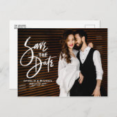 白いブラシスクリプトタイポグラフィ写真の日付の保存 案内ポストカード (正面/裏面)