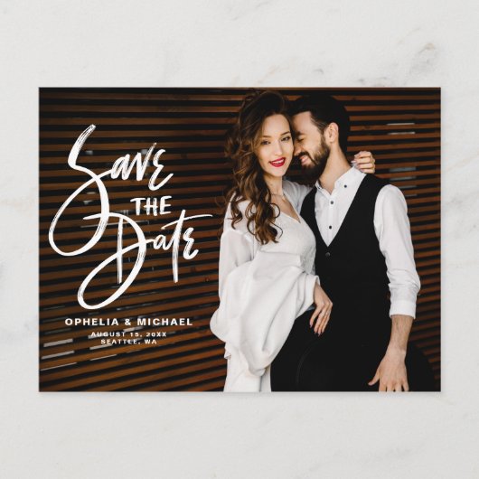 白いブラシスクリプトタイポグラフィ写真の日付の保存 案内ポストカード (正面)