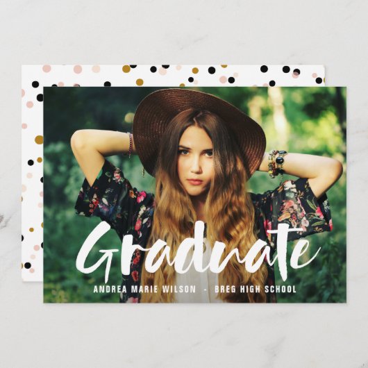 白いブラシスクリプト写真の卒業発表 招待状 (正面/裏面)