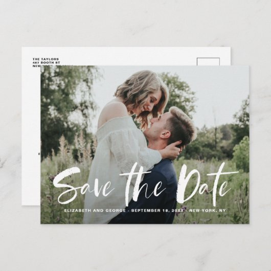 白いブラシ手書き写真日付の保存 案内ポストカード (正面/裏面)