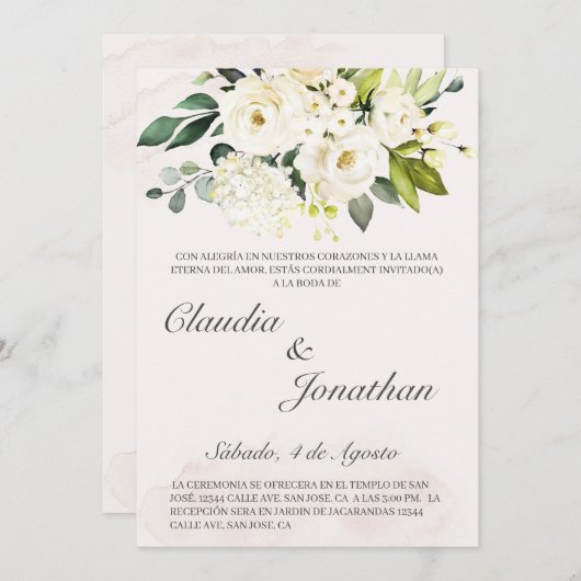 白いブーケのスペインの結婚式の招待 招待状 (正面/裏面)