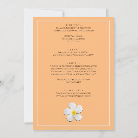 白いプルメリアの花と黄金の日結婚の入り 招待状 (裏面)