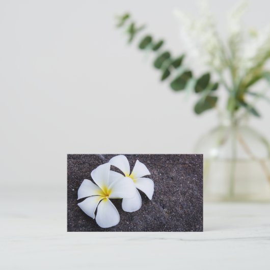 白いプルメリアの花のFrangipaniの花の溶岩の石 名刺 (スタンド正面)