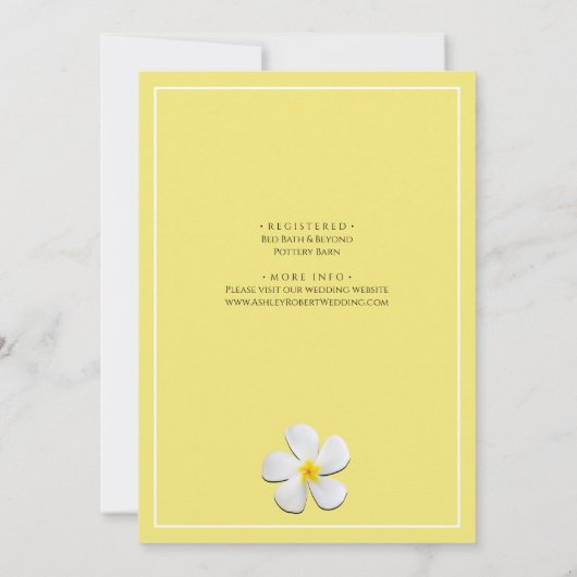 白いプルメリアフラワーオンイエロー、ブライダルシャワー 招待状 (裏面)