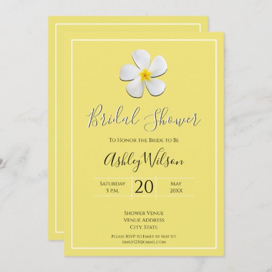 白いプルメリアフラワーオンイエロー、ブライダルシャワー 招待状 (正面/裏面)