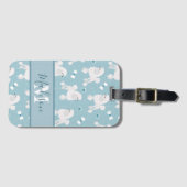 白いプードルと弓のパターン青の名前モノグラム ラゲッジタグ (正面横)