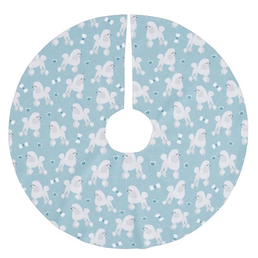 白いプードルと弓のパターン青 ブラッシュドポリエステルツリースカート (正面)