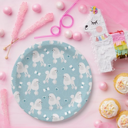 白いプードルと弓のパターン青 ペーパープレート (パーティー)