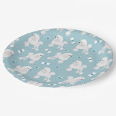 白いプードルと弓のパターン青 ペーパープレート (アングル)