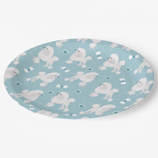 白いプードルと弓のパターン青 ペーパープレート (アングル)