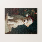 白いプードルの子犬のクリスマスの絵 ジグソーパズル (横)