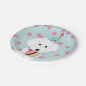 白いプードルの誕生日犬のピンクの気球 ペーパープレート (アングル)