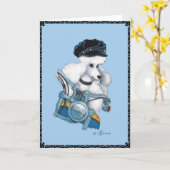 白いプードルオンザハーレーモーターサイクルグリーティングカード カード (黄色い花)