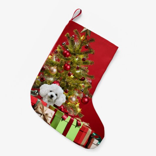 白いプードルクリスマス スモールクリスマスストッキング (正面 (吊り時))
