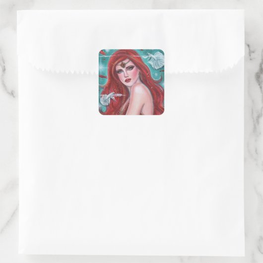 白いベタスのファンタジーアートとルビー・カルミナの人魚 スクエアシール (バッグ)