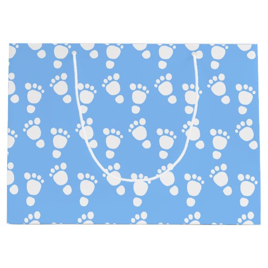 白いベビーの足-それは男の子のベビーシャワーのギフトバッグです ラージペーパーバッグ (正面)