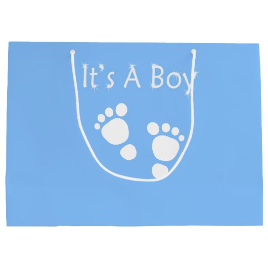 白いベビーの足-それは男の子のベビーシャワーのギフトバッグです ラージペーパーバッグ (裏面)