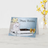 白いペルシャの子猫誕生日 カード (黄色い花)