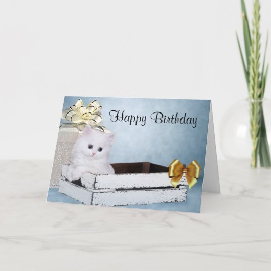 白いペルシャの子猫誕生日 カード (正面)