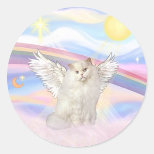 白いペルシャ猫の天使が雲の中に ラウンドシール (正面)