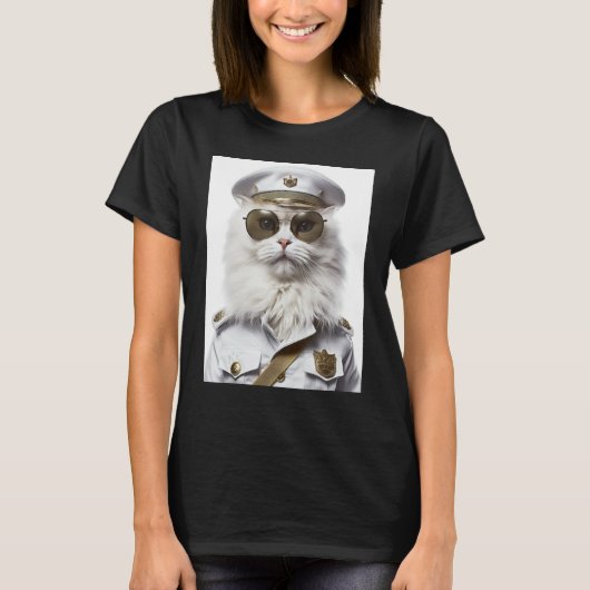 白いペルシャ猫ミリタリーキャップ Tシャツ (正面)