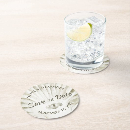 白いホタテの貝殻の真珠の日付を保存 ラウンドペーパーコースター (インサイチュ)