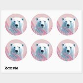 白いホッキョクグマ、ピンク、青い背景。 ラウンドシール (シート)