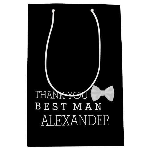 白いボウタイで花婿介添人ありがとうパーソナライズ ミディアムペーパーバッグ (正面)